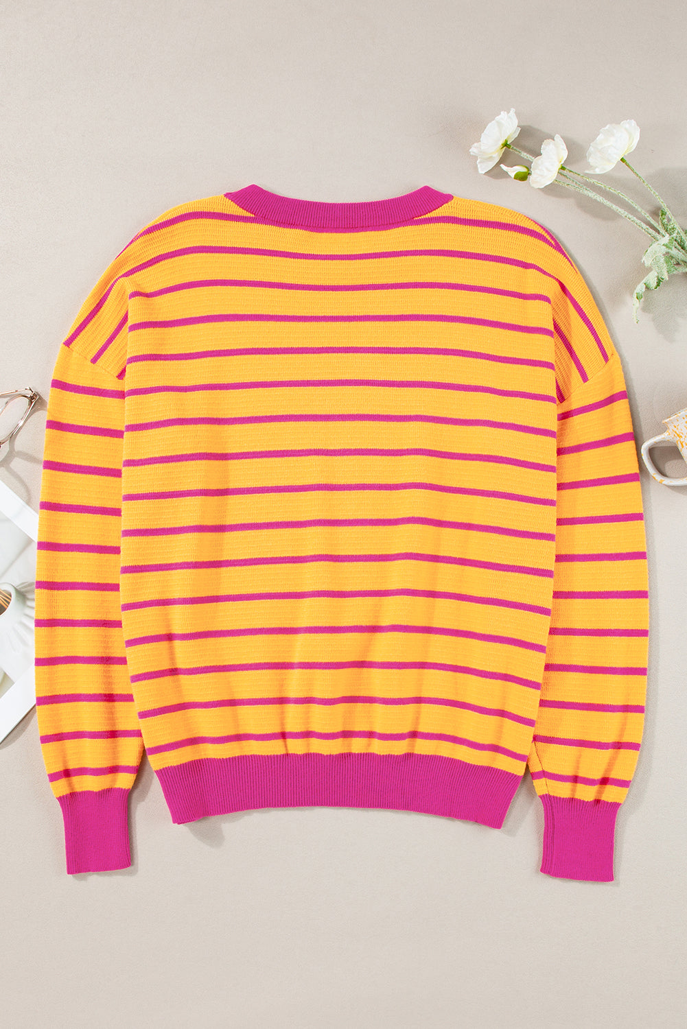 Pink Stripe Round Neck Drop Shoulder Loose Sweater
