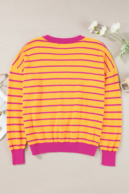 Pink Stripe Round Neck Drop Shoulder Loose Sweater