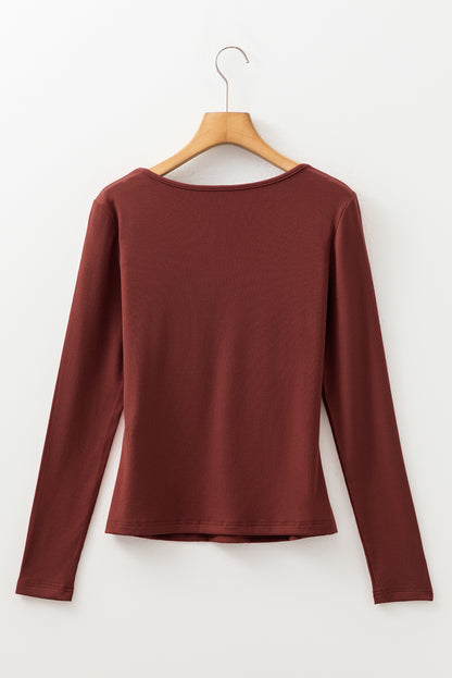 Old Rose Ruched Sweetheart Neck Ribbed Long Sleeve Top