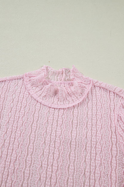 Apricot Flounced Long Sleeve Mock Neck Sheer Lace Top