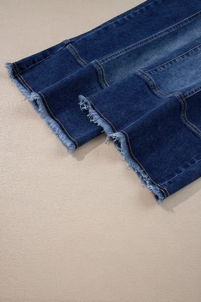 Prussian Blue Drawstring Seam Detail Raw Hem Wide Leg Jeans