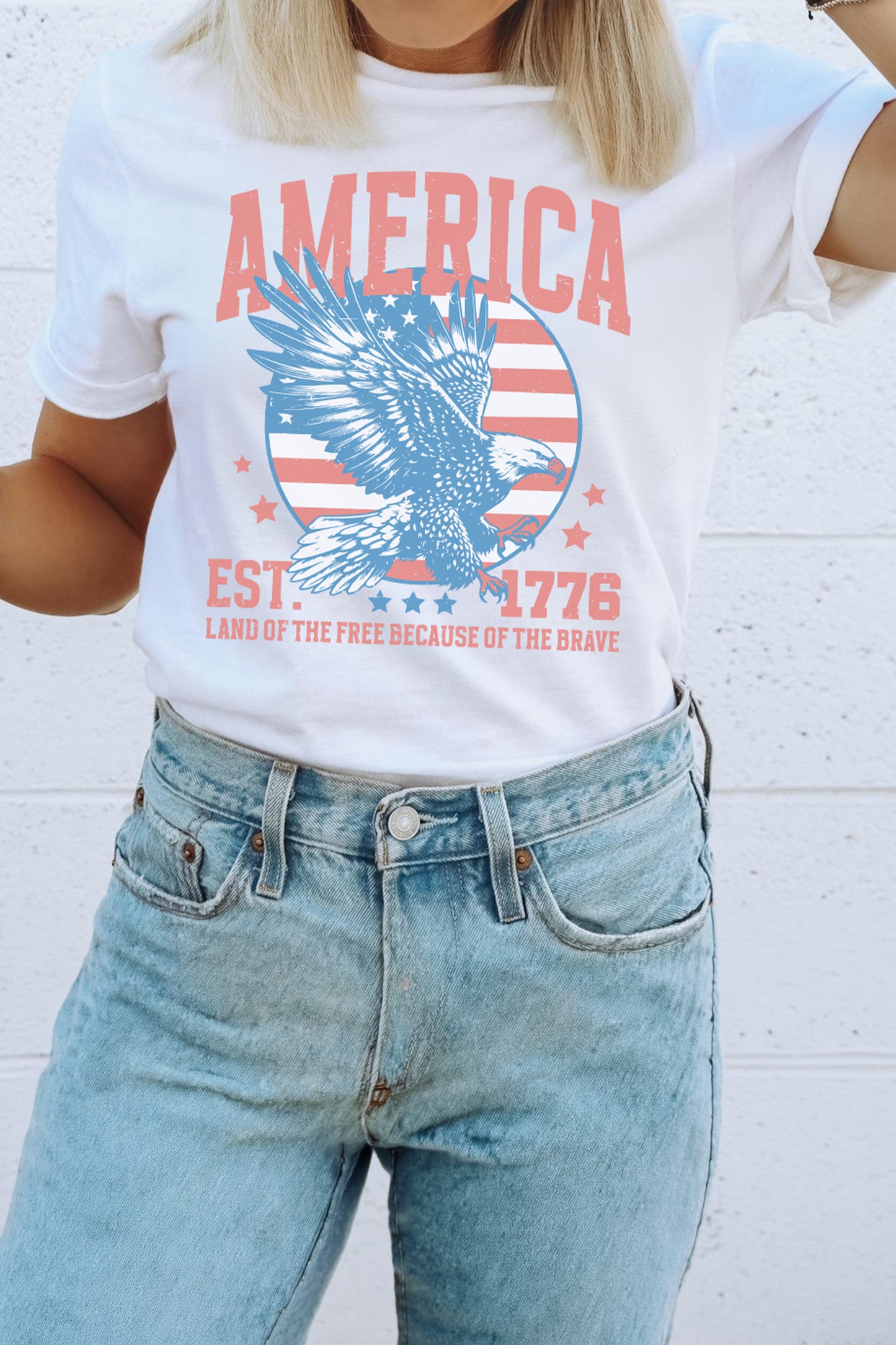 White Vintage AMERICA Eagle Printed Freedom Spirit Patriotic Tee