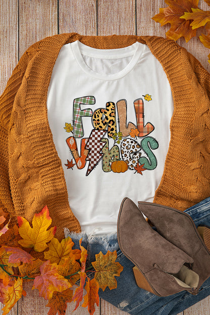 White FALL VIBES Cotton Blend Heat Transfer Printing Casual T Shirt
