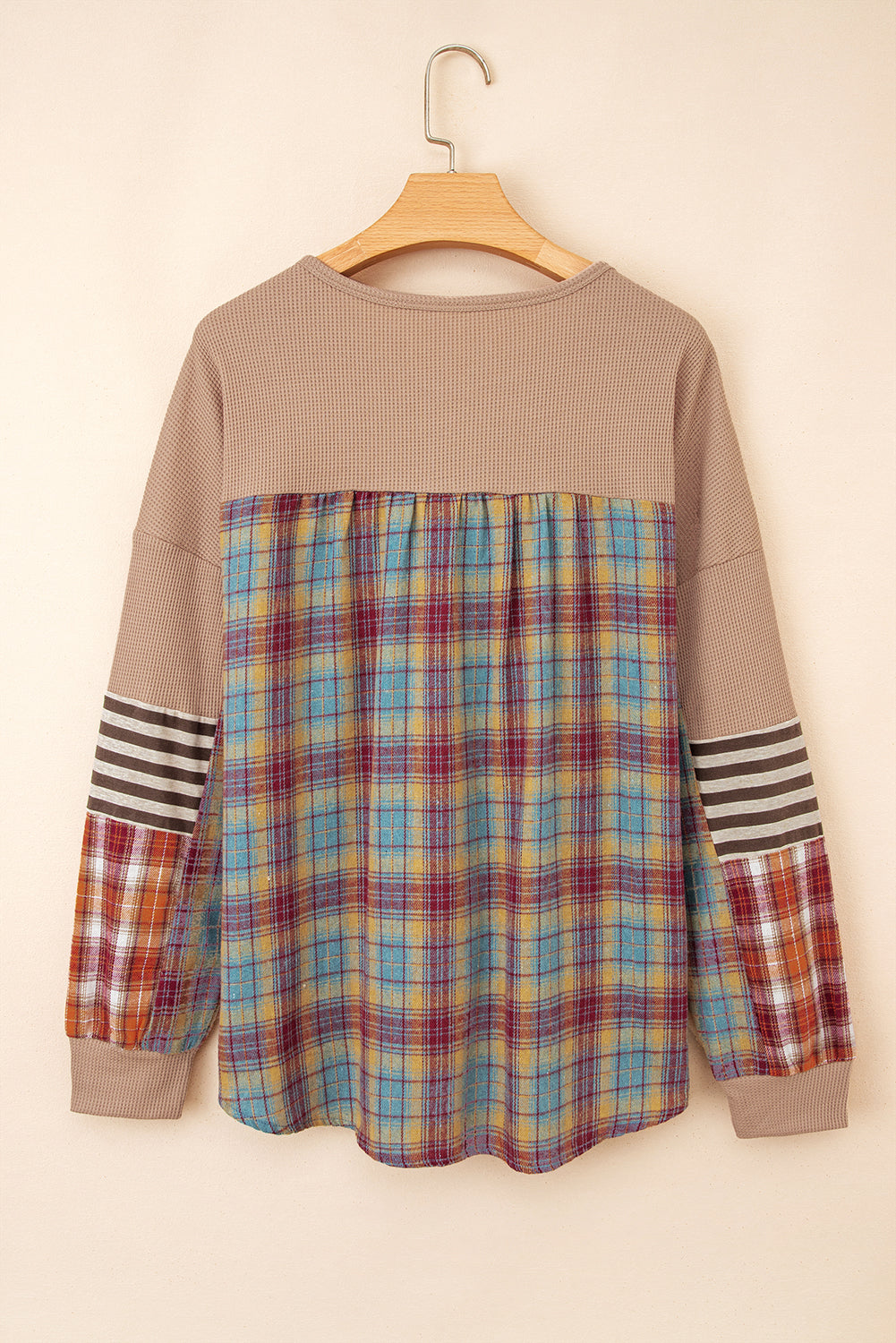 Straw Yellow Waffle Stripe Plaid Patchwork Henley Top