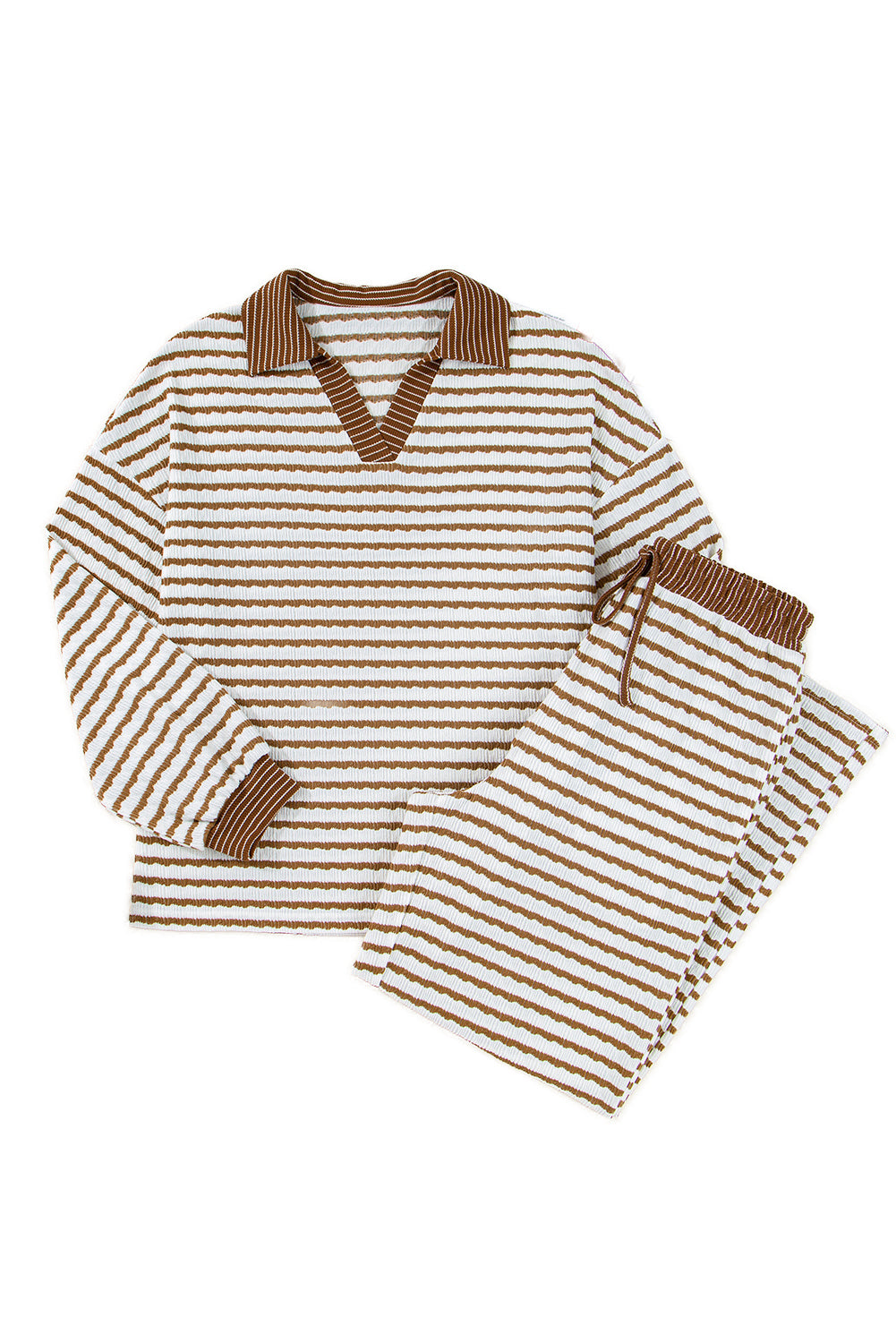 White Stripe Textured Collared Pullover Top and Drawstring Pants Set