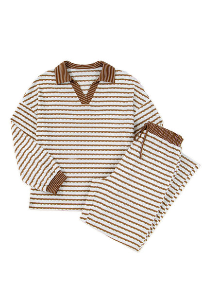 White Stripe Textured Collared Pullover Top and Drawstring Pants Set