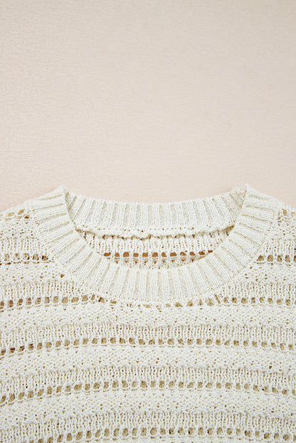 White Hollow Out Knit Round Neck Sweater