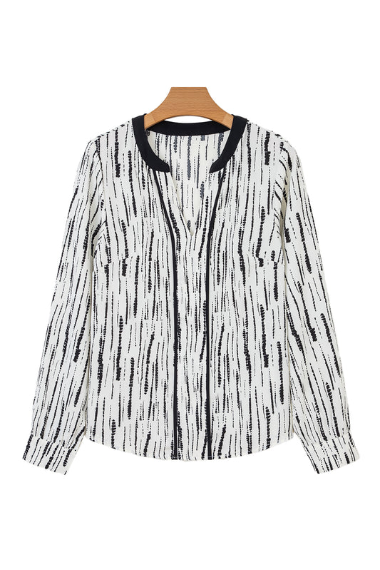 White Abstract Print V-neck Long-sleeve Blouse