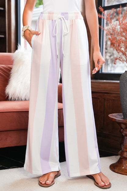 Purple Striped Colorblock High Waist Wide Leg Pants
