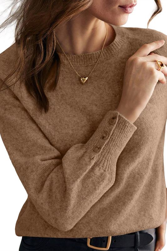 Camel Buttoned Cuffs Raglan Sleeve Knit Sweater