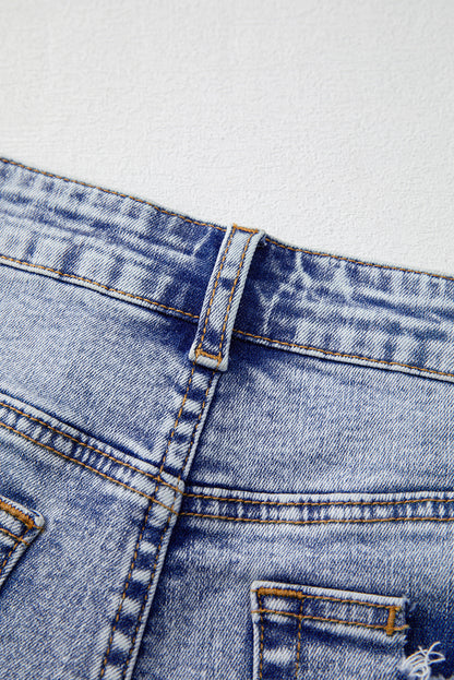 Beau Blue Pearl Studded Pocket Raw Hem Denim Shorts