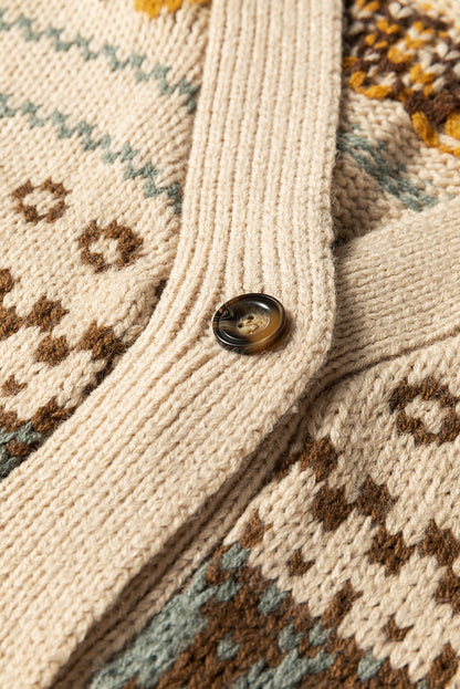 Khaki Geometric Pattern Button V Neck Cardigan