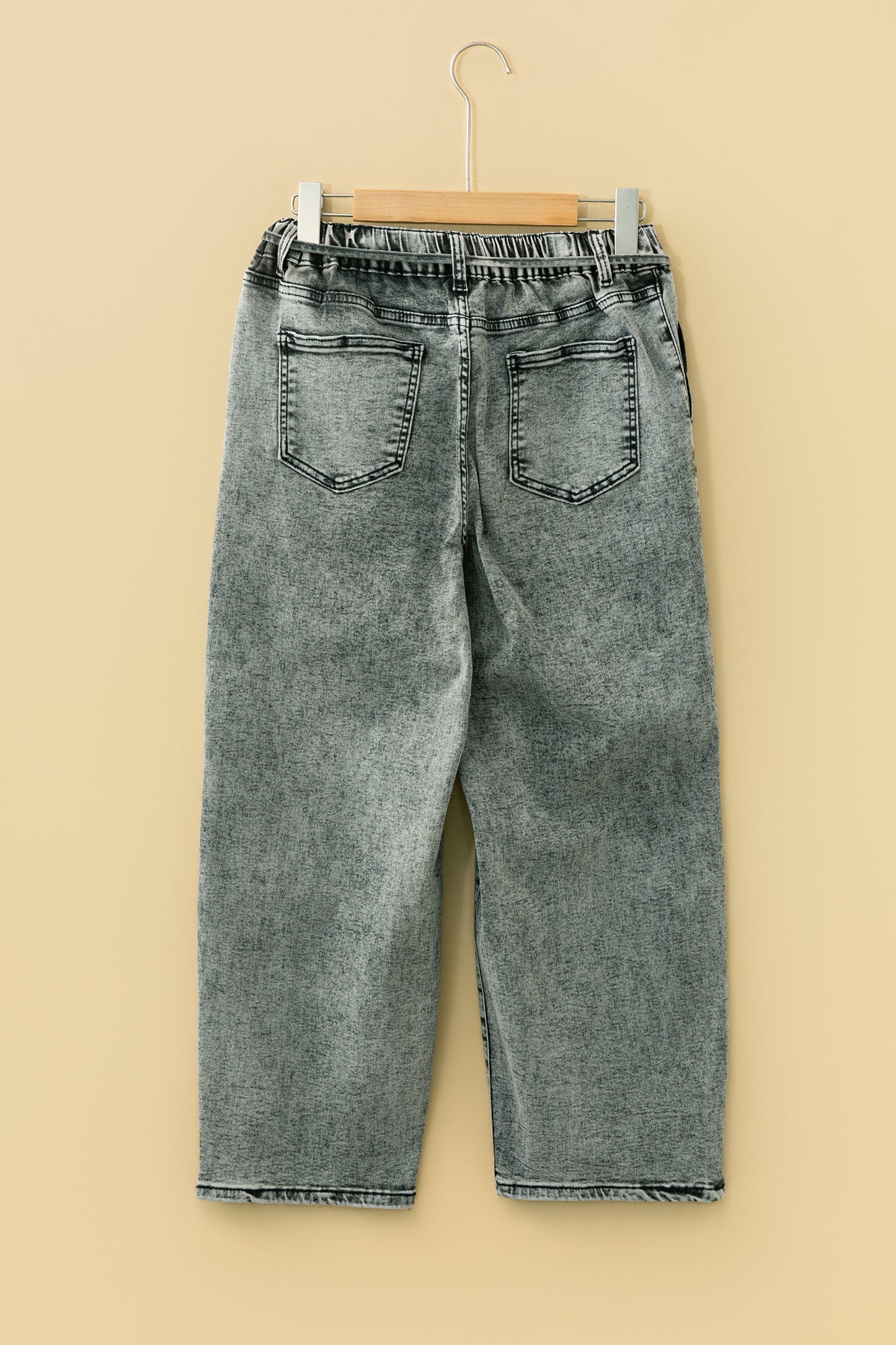 Smoke Gray Acid Wash Barrel Fit Denim Pants with Waist String