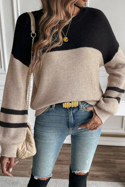 Dark Brown Colorblock Striped Sleeve Detail Knit Sweater