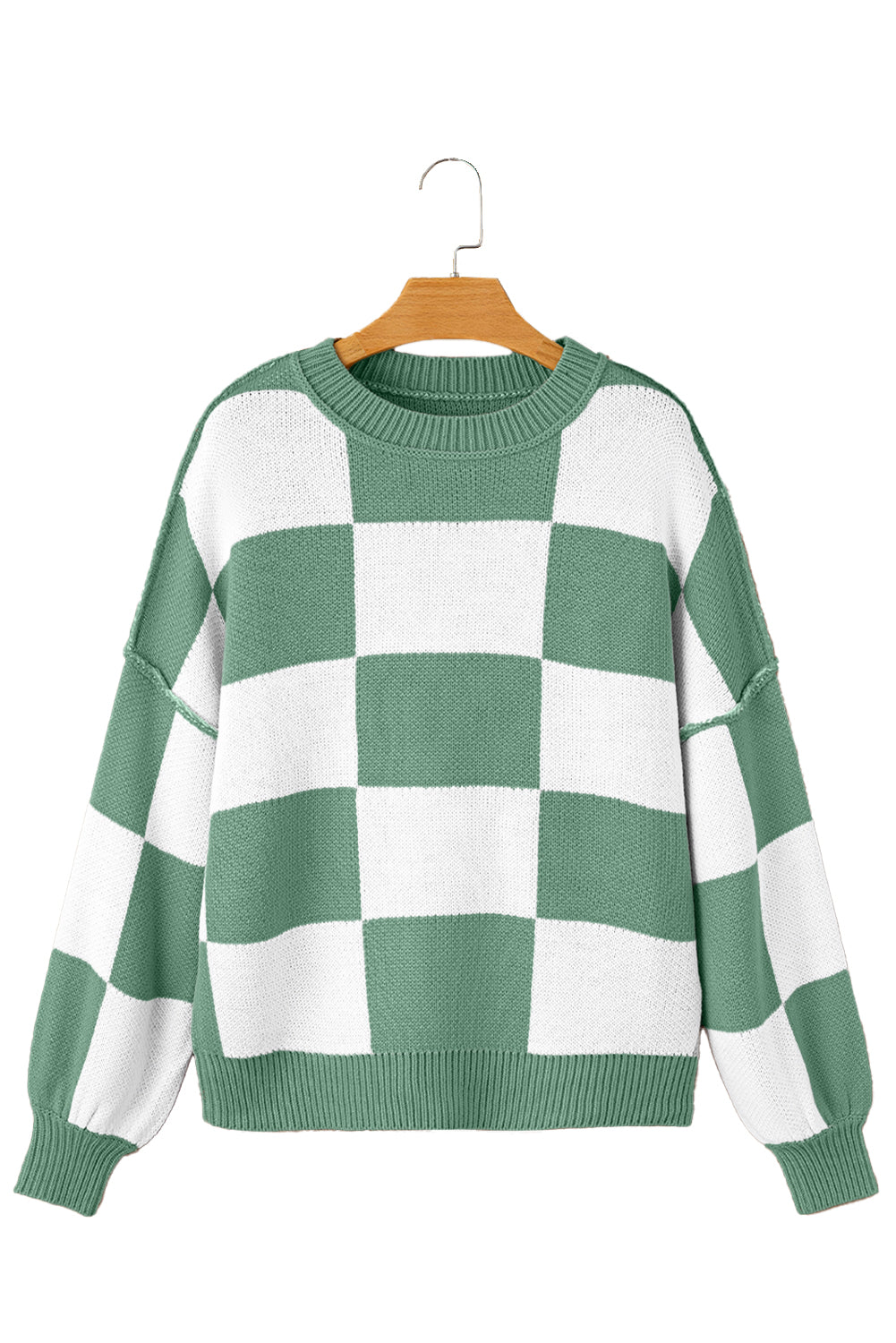 Dark Brown Plaid Bishop Sleeve Pullover Sweater
