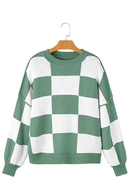 Dark Brown Plaid Bishop Sleeve Pullover Sweater