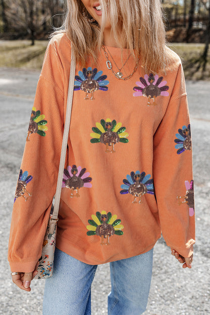 Smoke Gray Turkey Patch Application Graphic Corded Baggy Sweatshirt