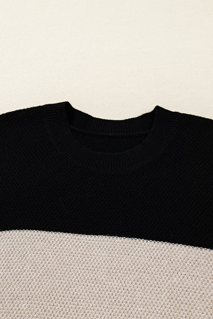 Dark Brown Colorblock Striped Sleeve Detail Knit Sweater
