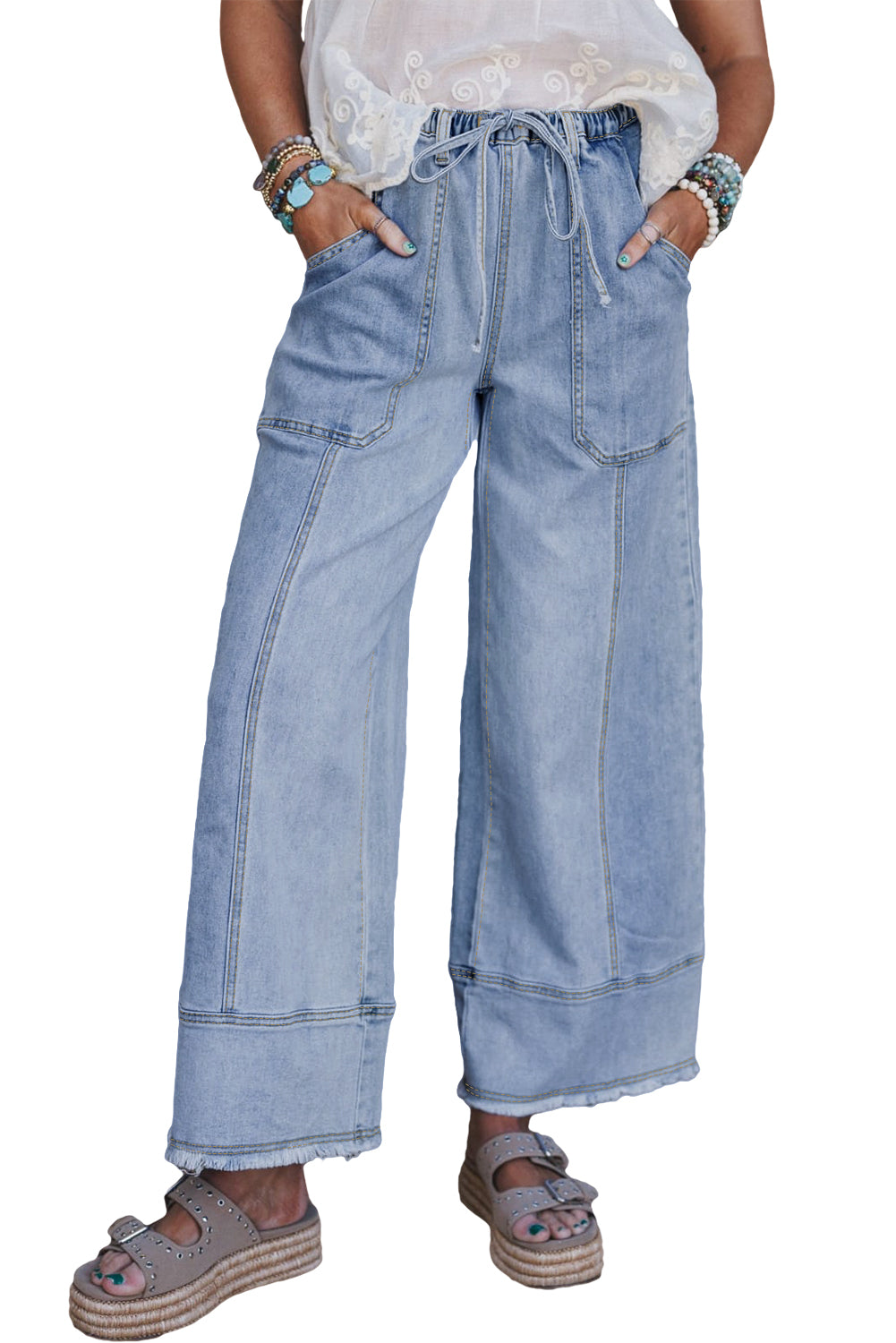 Prussian Blue Drawstring Seam Detail Raw Hem Wide Leg Jeans
