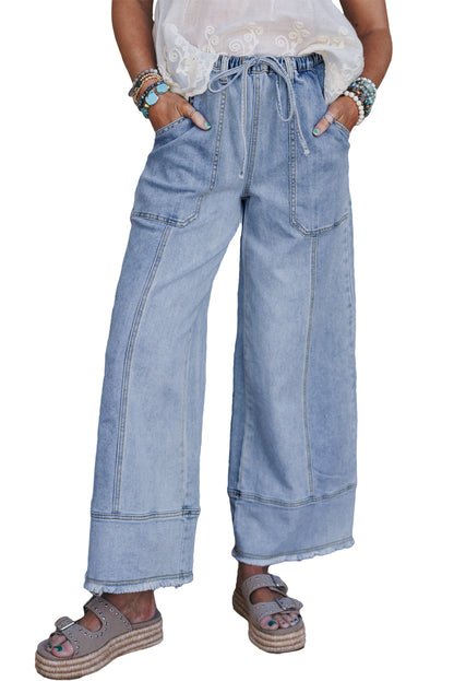 Prussian Blue Drawstring Seam Detail Raw Hem Wide Leg Jeans