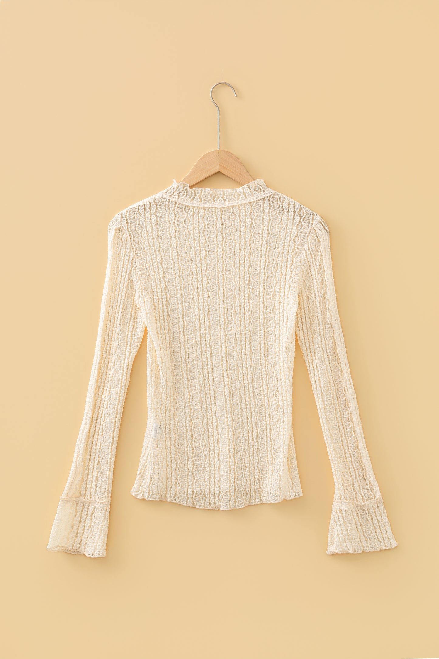Apricot Flounced Long Sleeve Mock Neck Sheer Lace Top