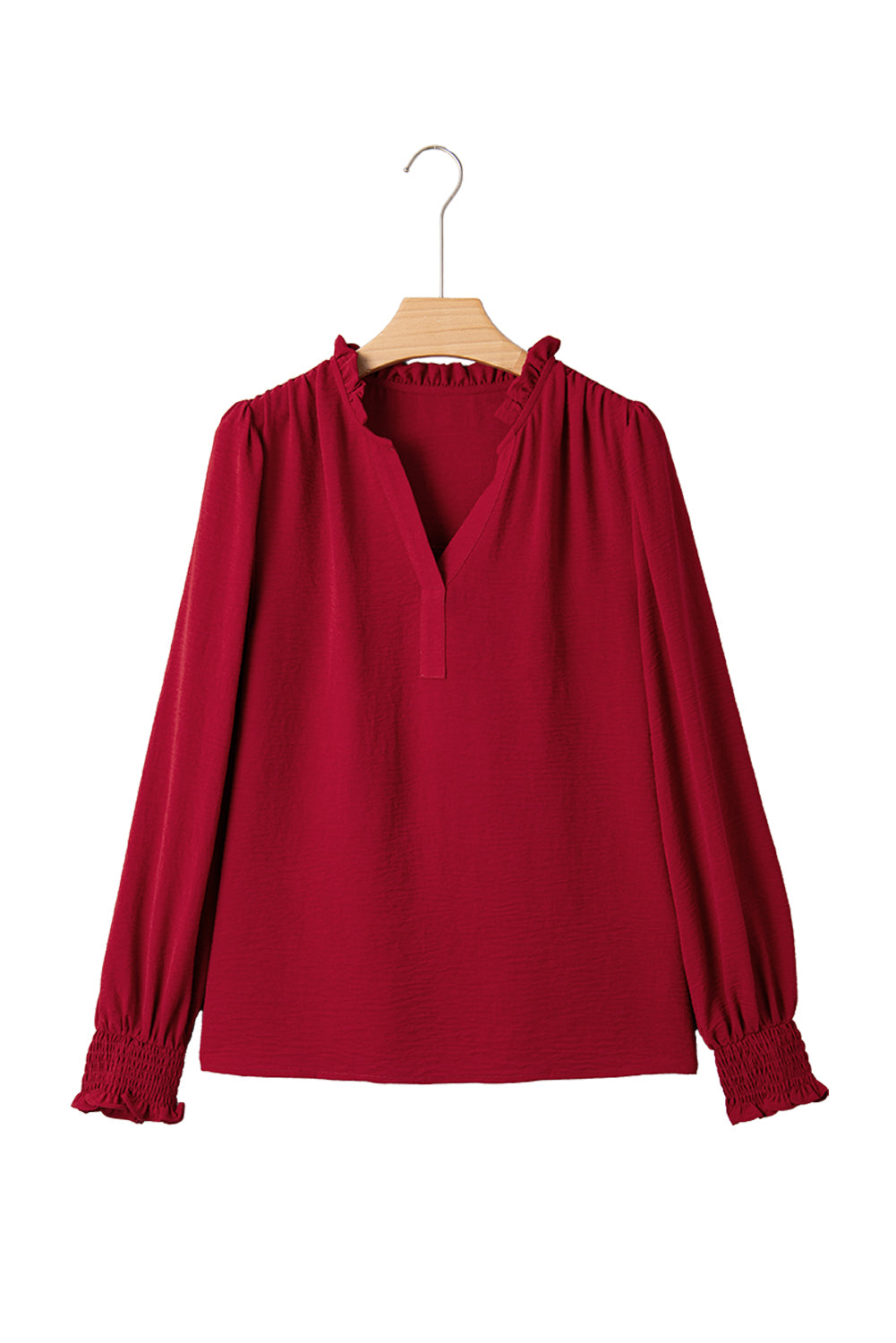 Burgundy Notched Neck Shirred Cuffs Long Sleeve Blouse