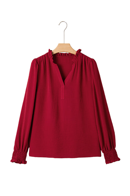 Burgundy Notched Neck Shirred Cuffs Long Sleeve Blouse