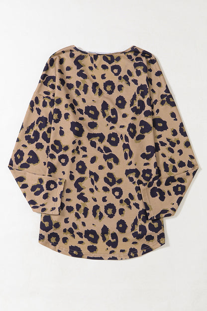 Brown Leopard Split V Neck Long Sleeve Shirt