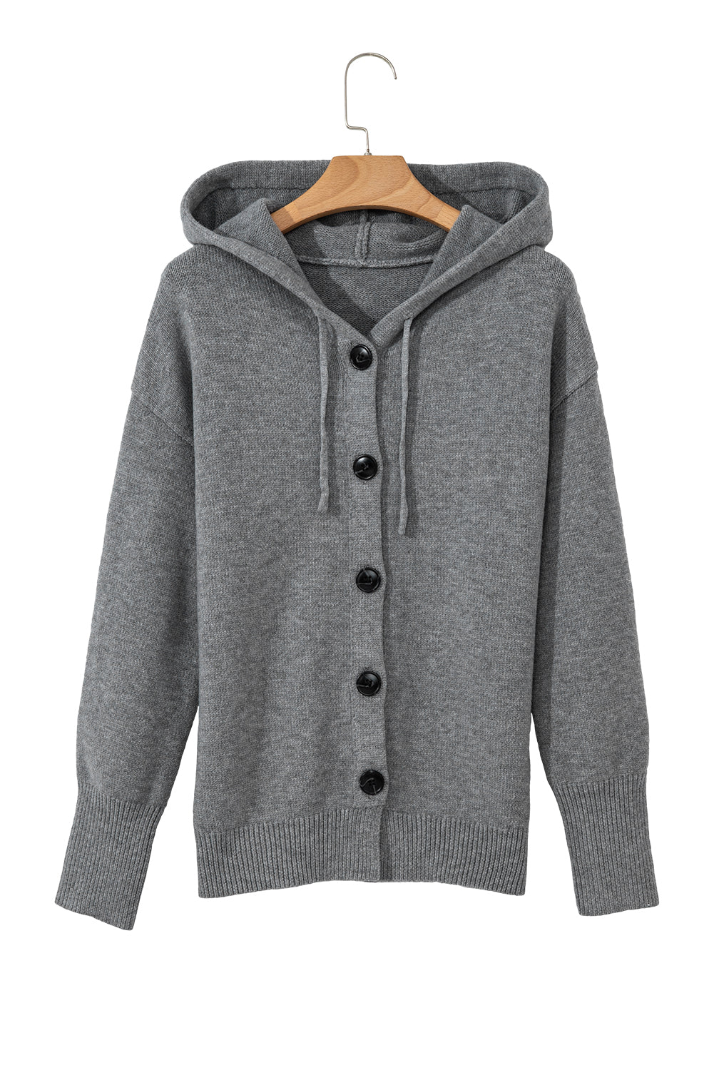 Medium Grey Hooded Button Up Drop Shoulder Sweater Cardigan