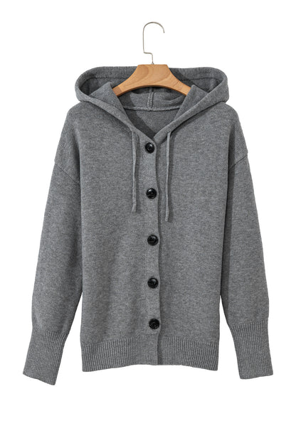 Medium Grey Hooded Button Up Drop Shoulder Sweater Cardigan