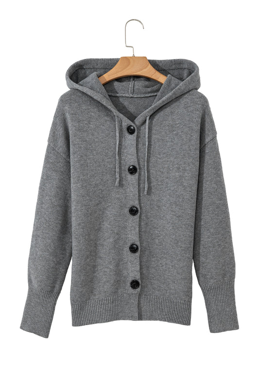 Medium Grey Hooded Button Up Drop Shoulder Sweater Cardigan