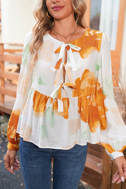 Carrot Abstract Print Bubble Sleeve Bow Front Top