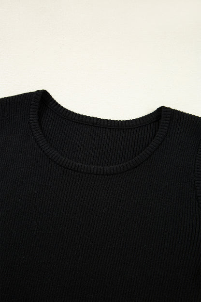 Black Ribbed Knit Cold Shoulder Plain Sweater