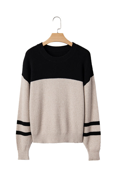 Dark Brown Colorblock Striped Sleeve Detail Knit Sweater