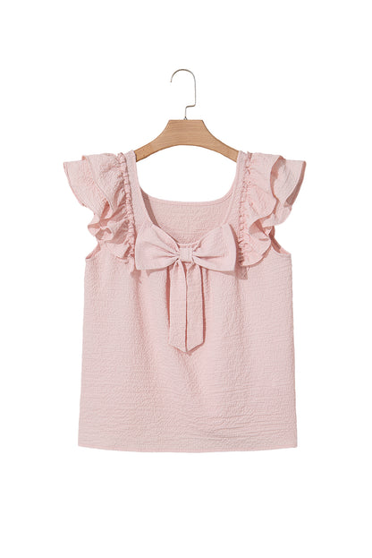 Gossamer Pink Textured Bow Frilled Ruffle Sleeve Blouse