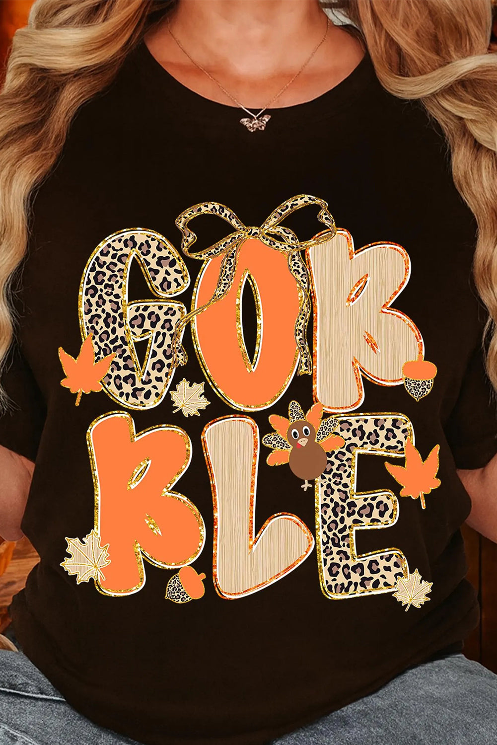Black GOBBLE Leopard Letter Turkey Bow Graphic Heat Transfer Printing T Shirt