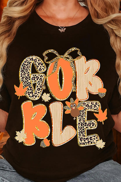 Black GOBBLE Leopard Letter Turkey Bow Graphic Heat Transfer Printing T Shirt