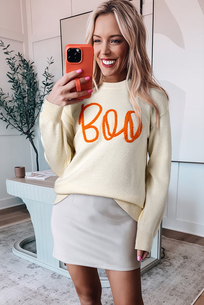 Black Halloween Boo Drop Shoulder Knit Sweater