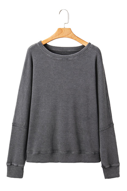 Mist Green Ribbed Plain Long Sleeve Loose Top