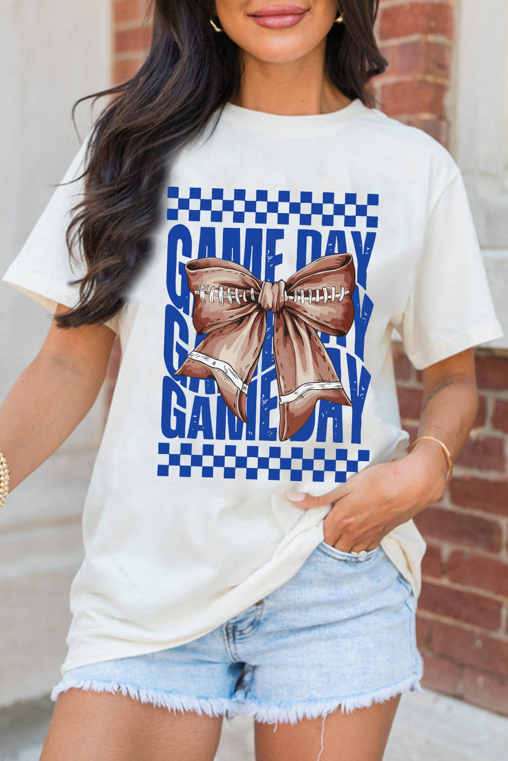 White Football Bow Heat Transfer Printing Game Day Crewneck T Shirt