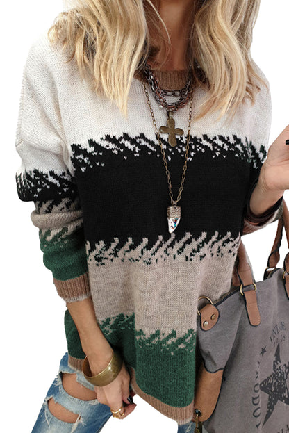 Black Stylish Color Block Pattern Drop Shoulder Sweater