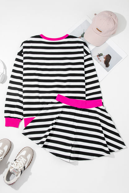 Gray Stripe Contrast Trim Long Sleeve Top and Shorts Set