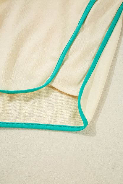 White Contrast Trim Colorblock Long Sleeve Pullover and Drawstring Shorts Set