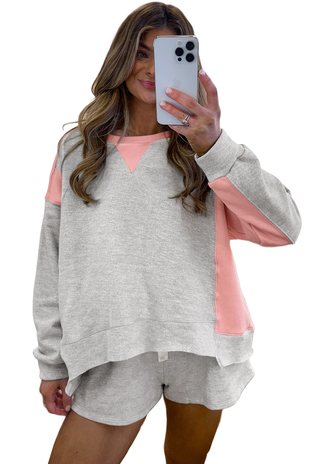 Light Grey Colorblock Raw Hem Pullover and Shorts Set