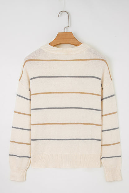Multicolour Striped Buttoned Front V Neck Drop Shoulder Cardigan