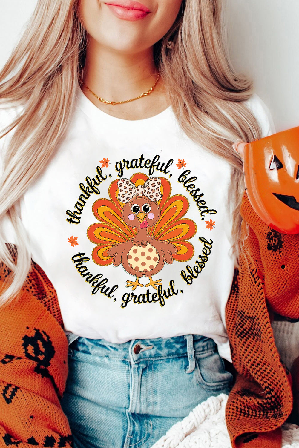 White Thanksgiving Cute Turkey Heat Transfer Printing Cotton Blend T Shirt