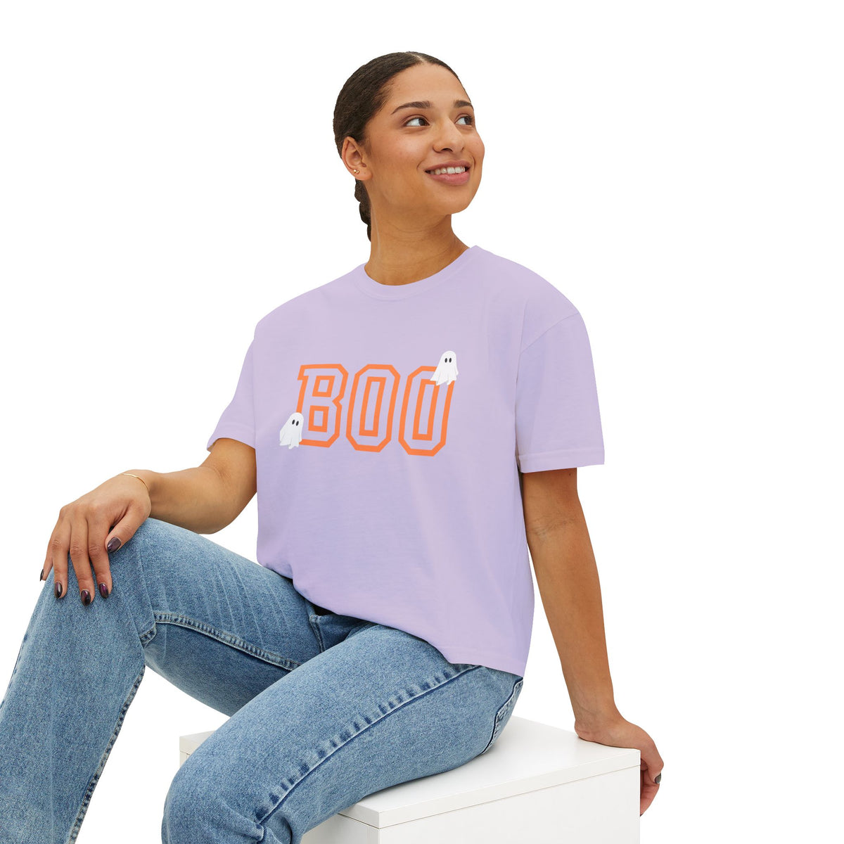 Halloween Ghost Women's Boxy Tee, Cute Halloween Shirt, Boo Tee, Spooky Casual Top, Fall Fashion Tee