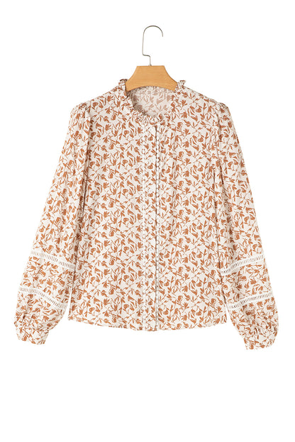 Yellow Printed Floral Print Lace Detail Puff Sleeve Shirt