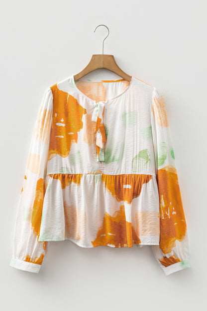 Carrot Abstract Print Bubble Sleeve Bow Front Top