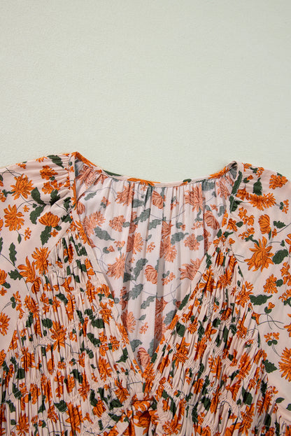 Black Floral Smocked V Neck Bubble Sleeve Babydoll Dress